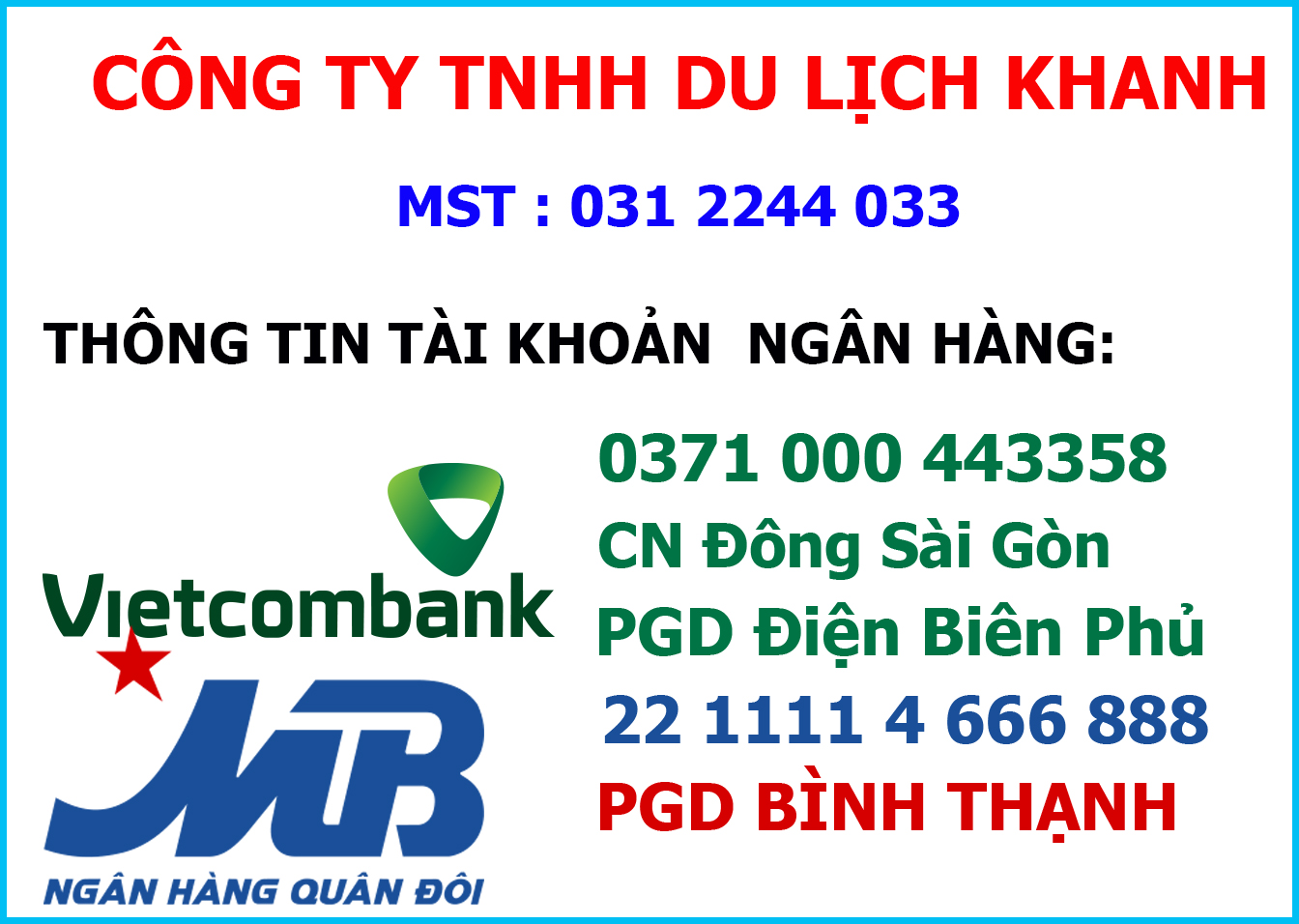 thông tin chuyển khoản Khanh Travel