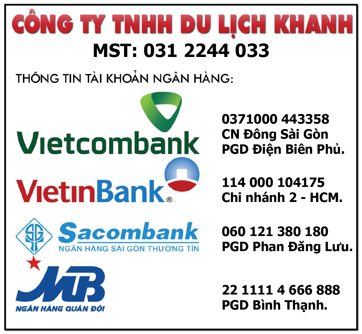 thông tin chuyển khoản Khanh Travel